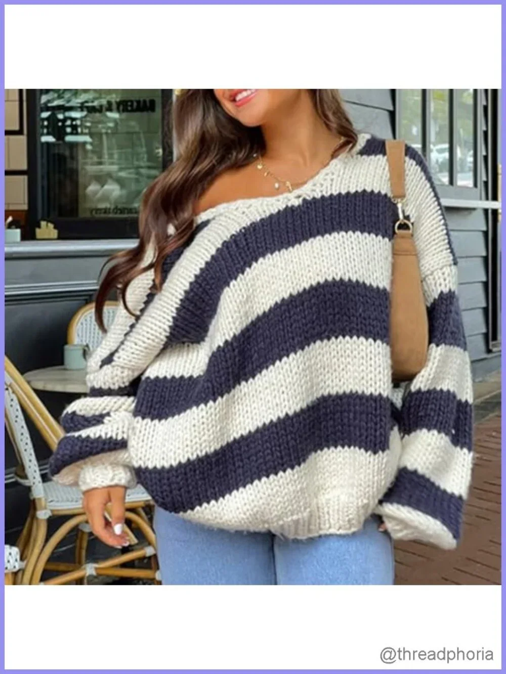 Women Striped Chunky Knit Sweater Drop Shoulder Long Sleeve V-Neck Oversized